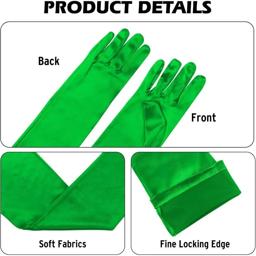 Women's Green Long Satin Opera Fabric Gloves Party Tea Stretchy Elbow Length